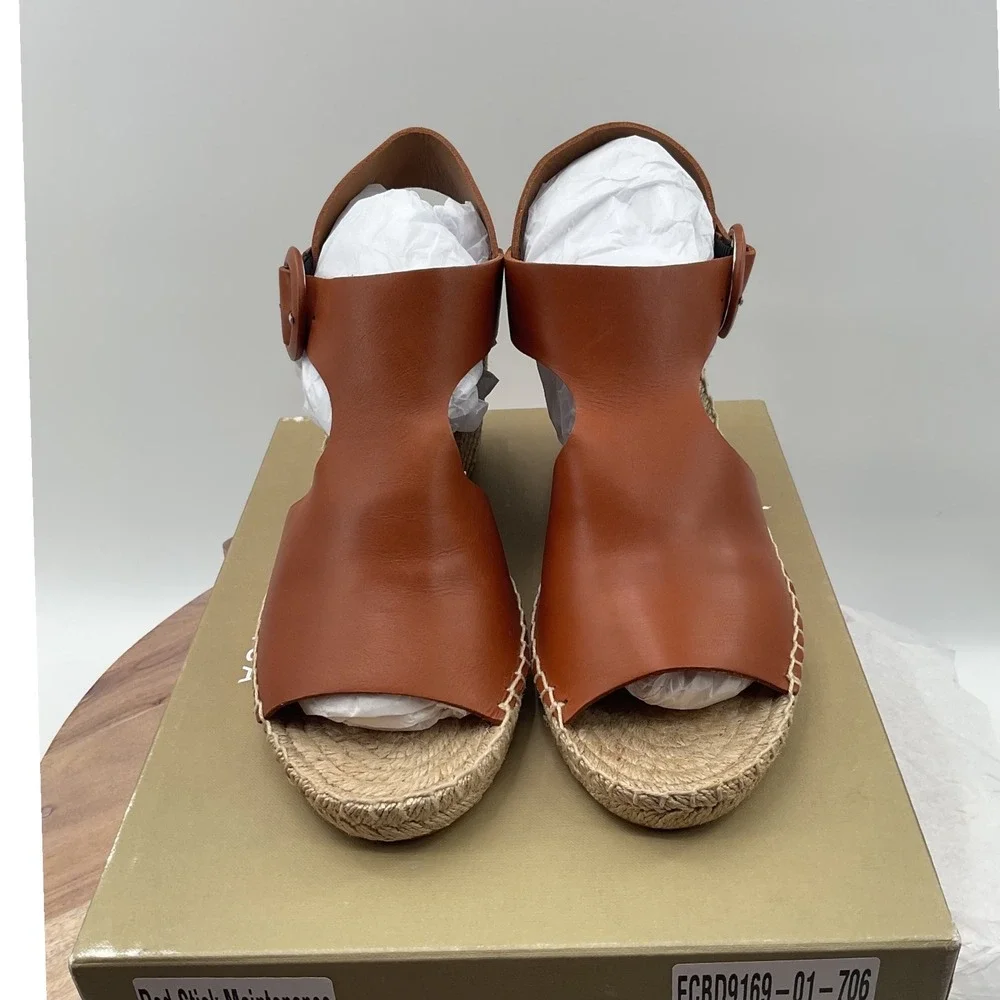 Via‎ Spiga Tan Brown Leather Espadrille Wedge Sandals Platform Buckle Open Toe
